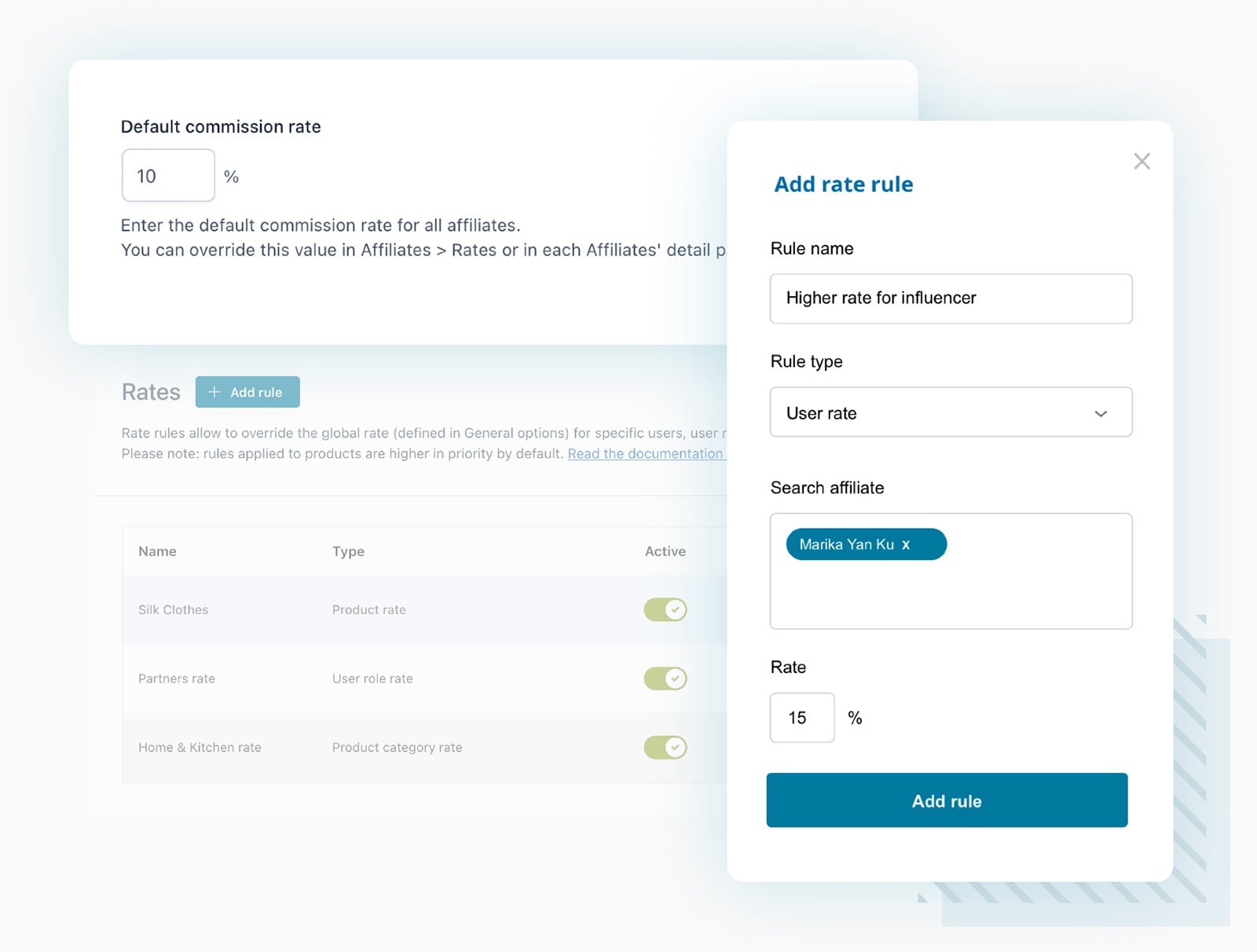 Affiliation custom rates