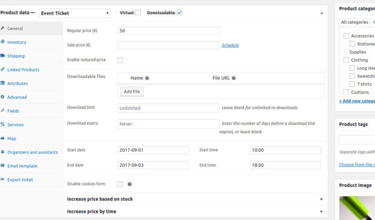 Event ticket product configuration
