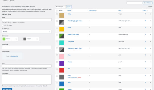 Color picker attributes