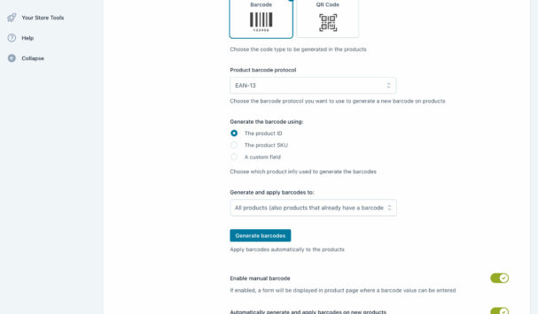 Product barcodes settings