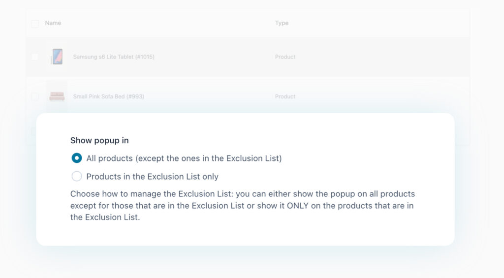 Show popup on products