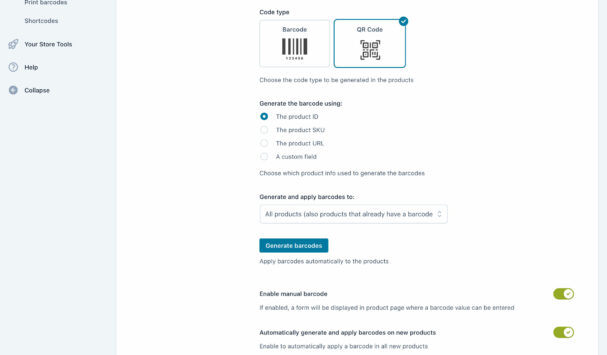 Product QR codes settings