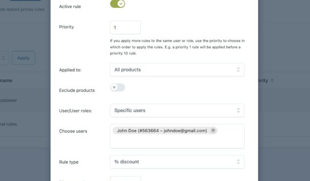 Price rule per specific user
