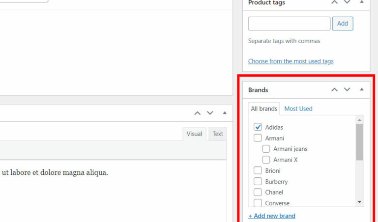Brands metabox on product page