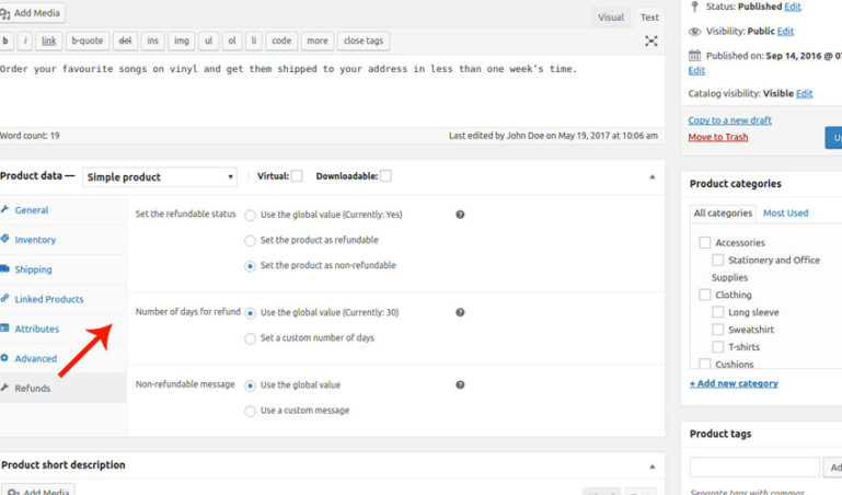 Set refund options in simple product