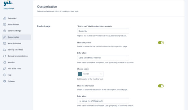 Customization - Product page