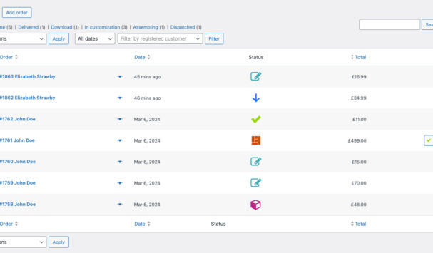 Orders table with custom statuses