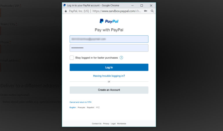 PayPal payment popup