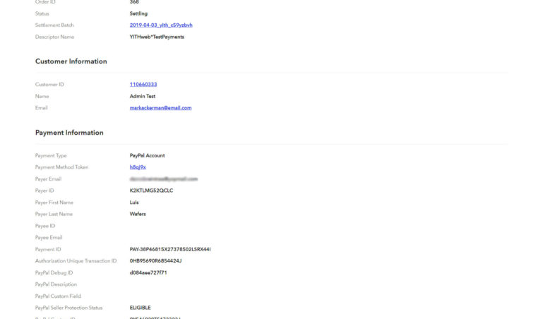 Transaction detail in Braintree account