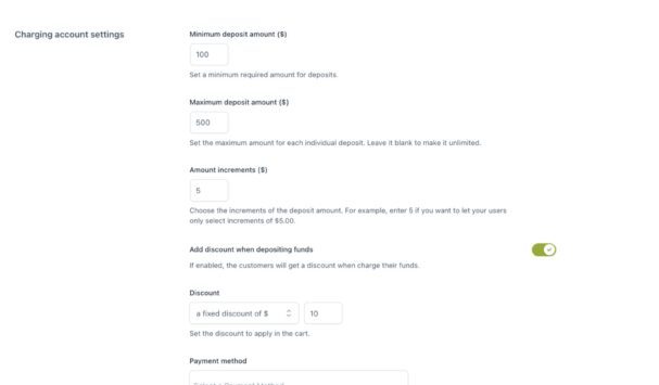 Deposit funds settings