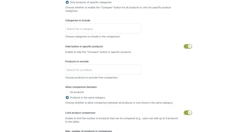 General settings - Compare options