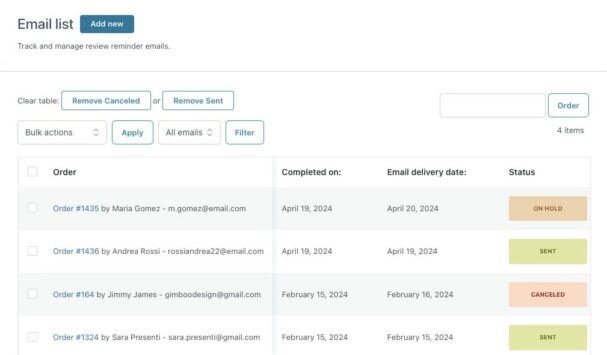 Review reminder module - Email list
