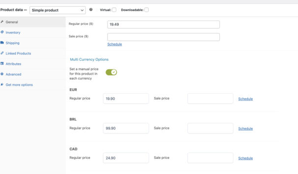 Override currencies in product page