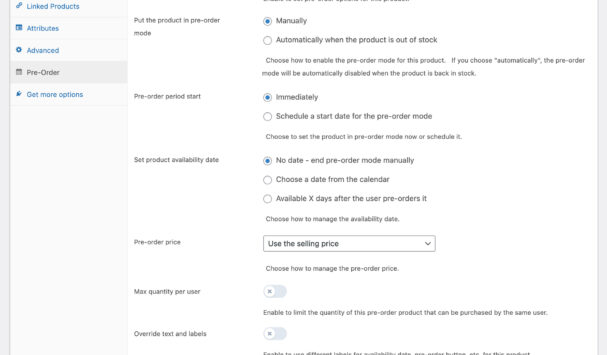 Pre-order options in product edit page