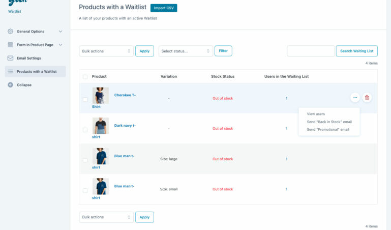 Products with a waitlist