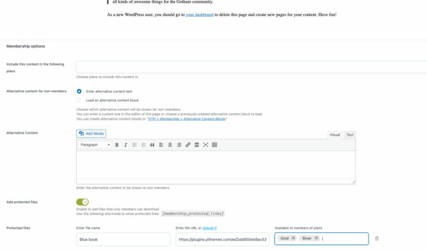 Membership options in page settings