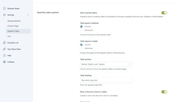 Settings - Quantity table
