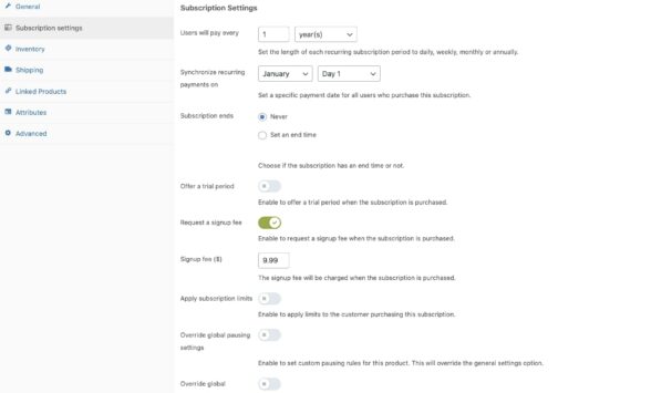 Subscription settings on simple product