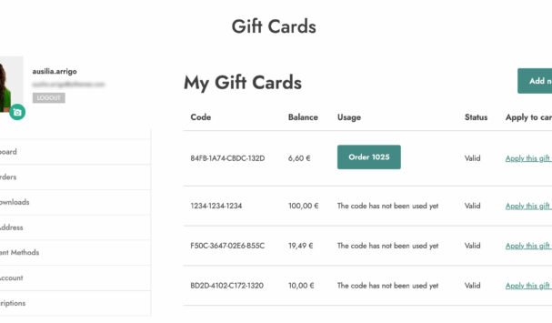 My gift cards in My account