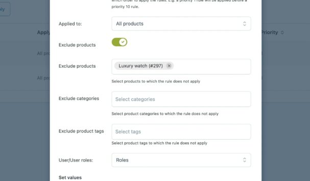 Price rule with product exclusion