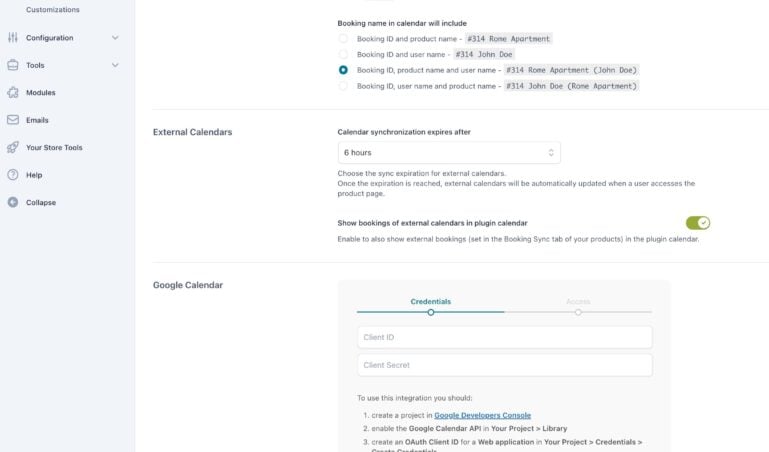 Settings - Calendars