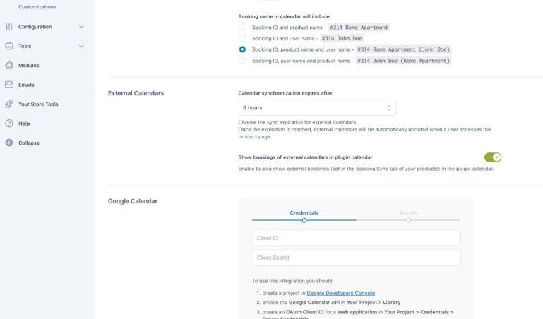 Settings - Calendars