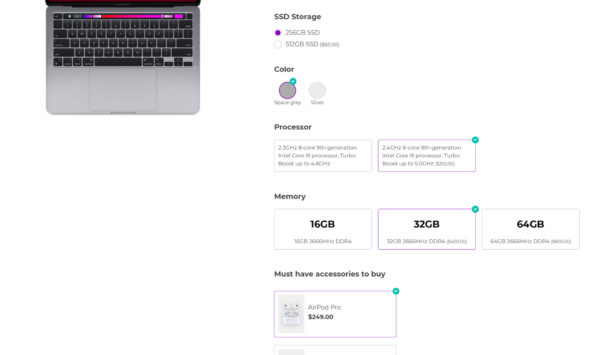 Apple Macbook Pro - with label (grid), radio, color swatch, image (grid) and product options 