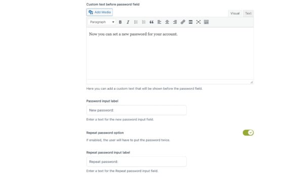 Set new password options