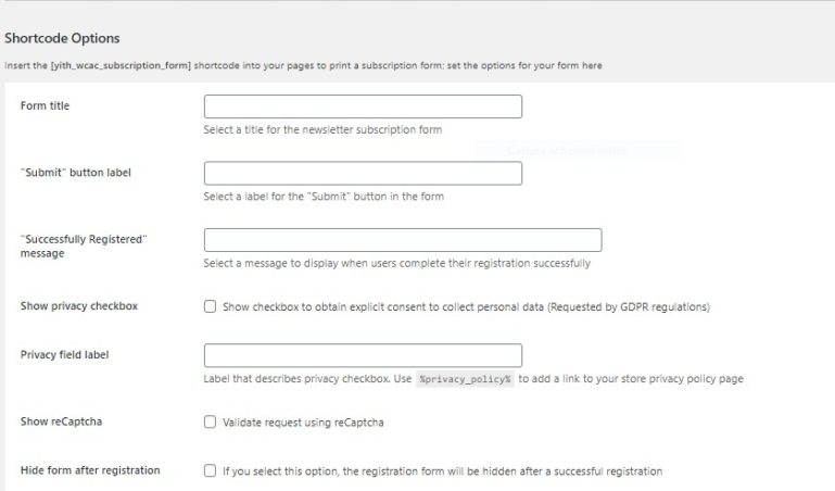 Shortcode options for subscription form