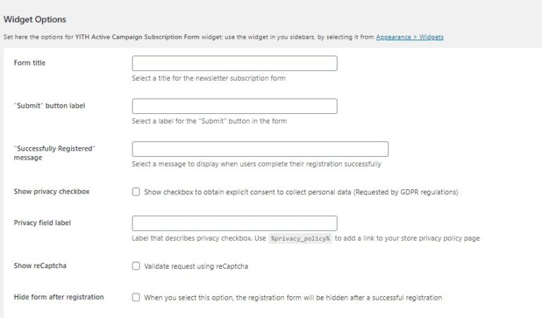 Widget options for subscription form