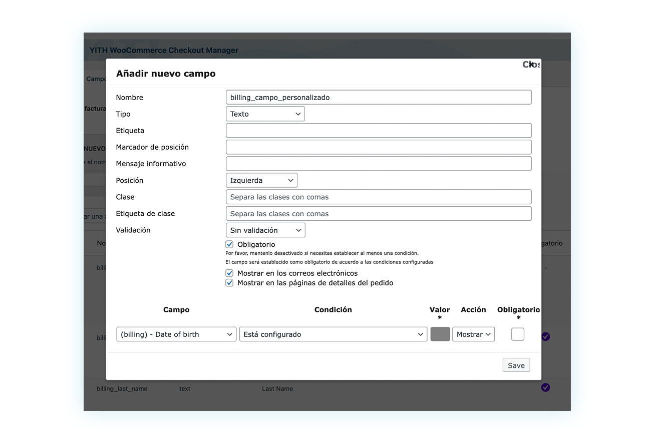 Campos añadidos al checkout