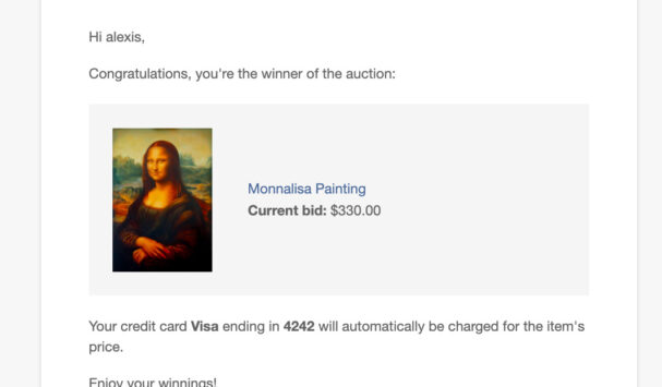 Auction winner and card charge info