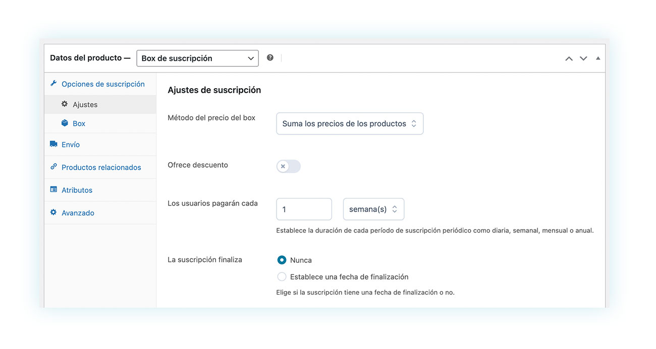 Datos del producto de box de suscripción