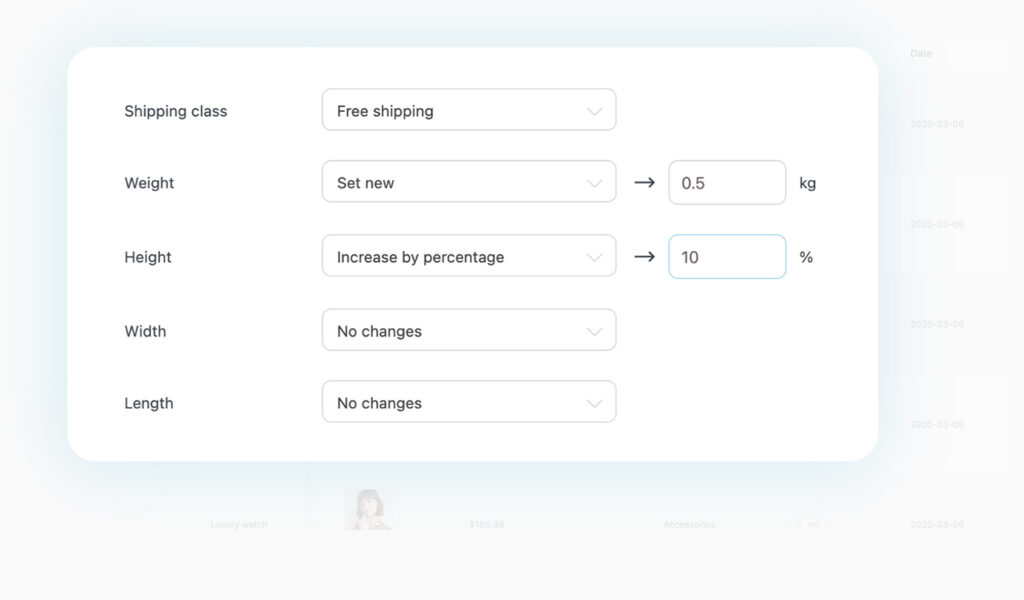 Bulk edit sizes and shipping classes