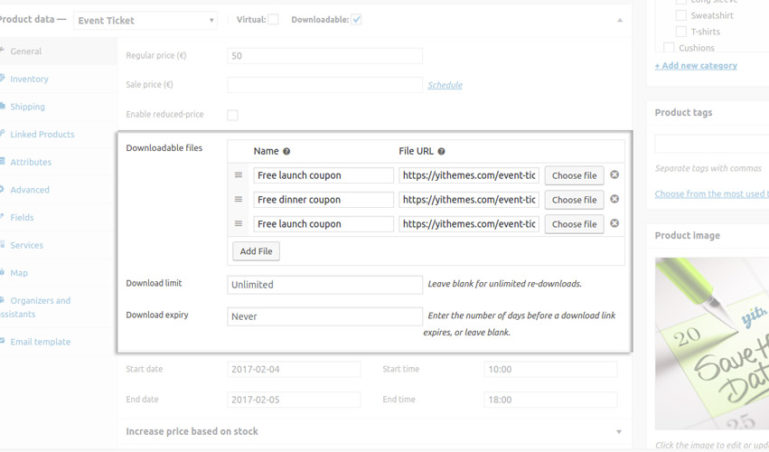 Downloadable files for event ticket