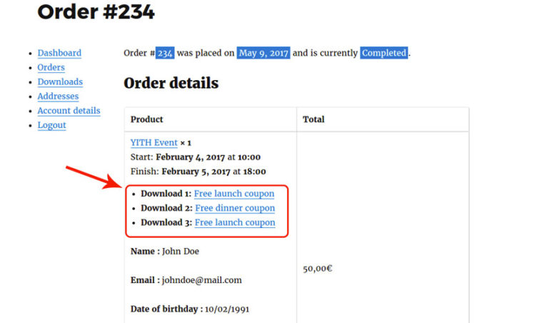 Downloadable files - Order detail page