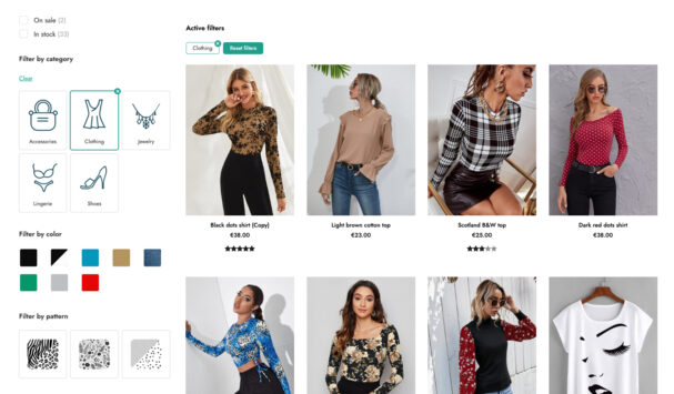 In stock filter, image/label, color swatches