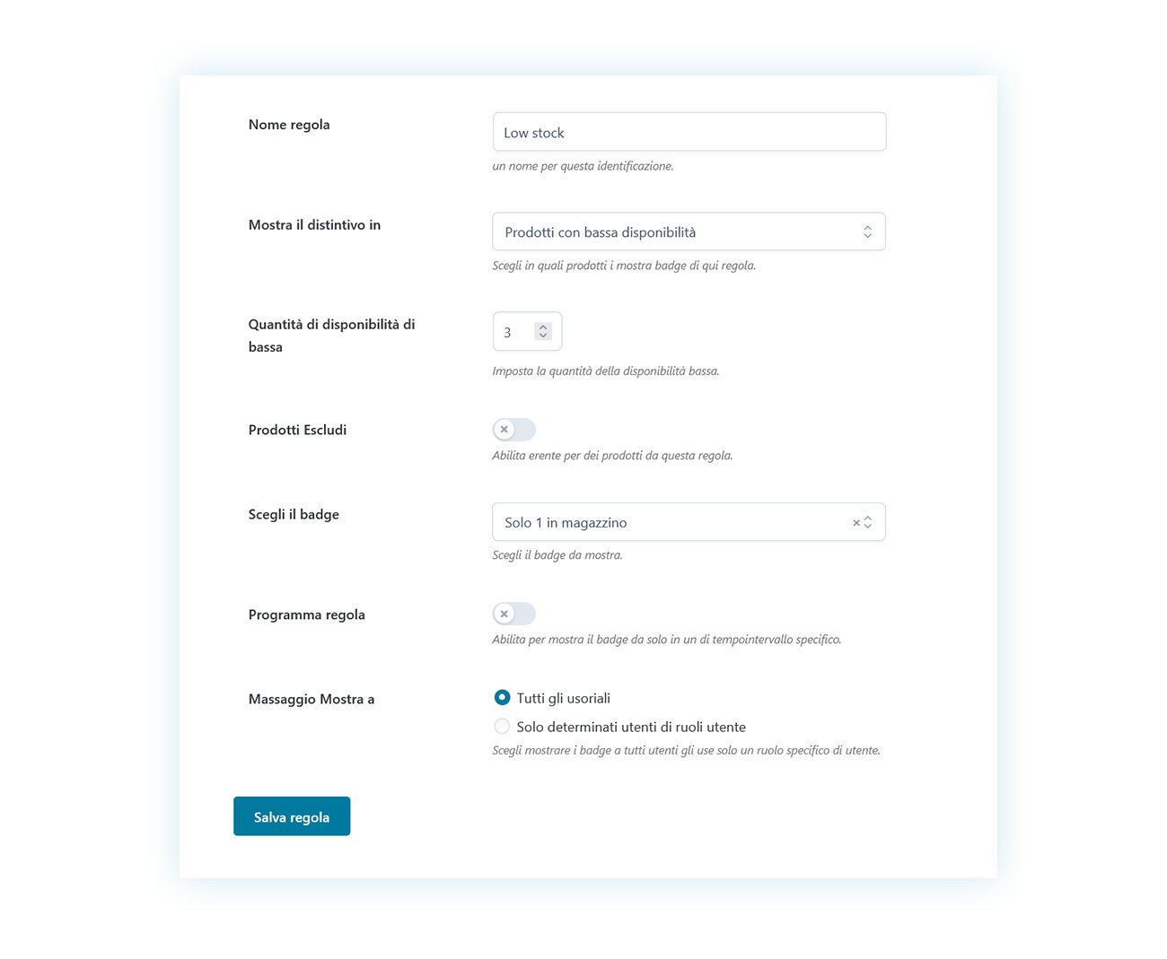Regola per il badge sul numero di prodotti