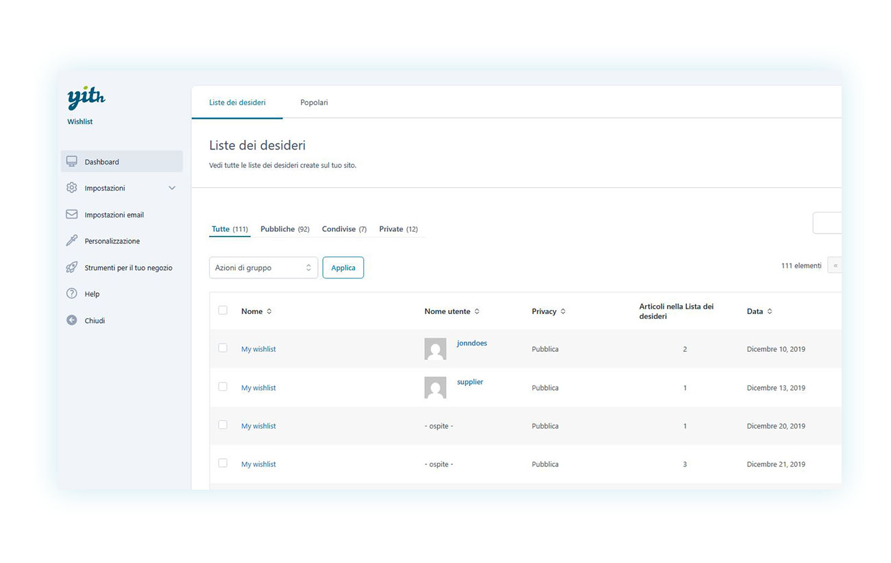 Pannello di controllo del plugin