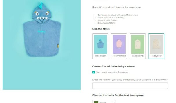 Personalised towel – with label-image (grid layout), checkbox, text input and color picker options