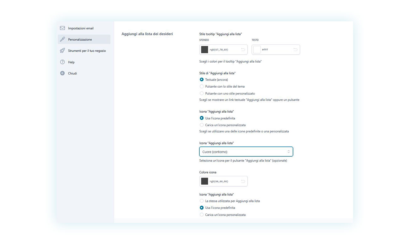 Personalizzazione dell'aspetto della lista desideri