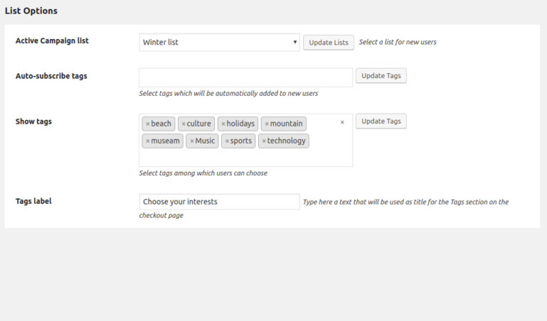 Choose Active Campaign list and tags