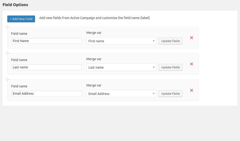 Choose fields for active campaign register form