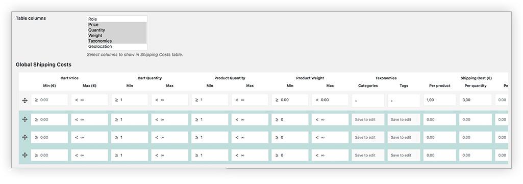 Shipping rule table