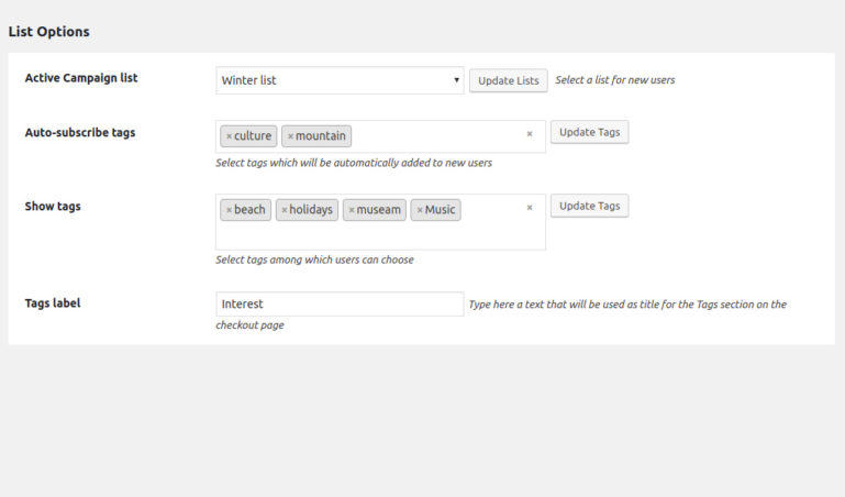 Choose Active Campaign list and tags for shortcode form
