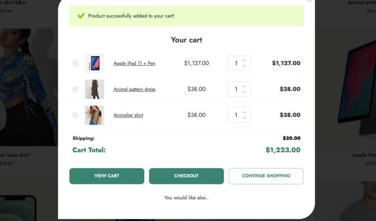 Popup with cart content