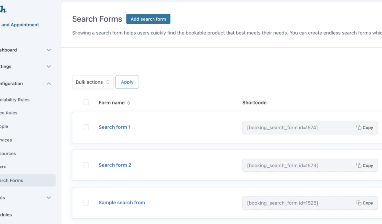 Configuration - Search form shortcodes