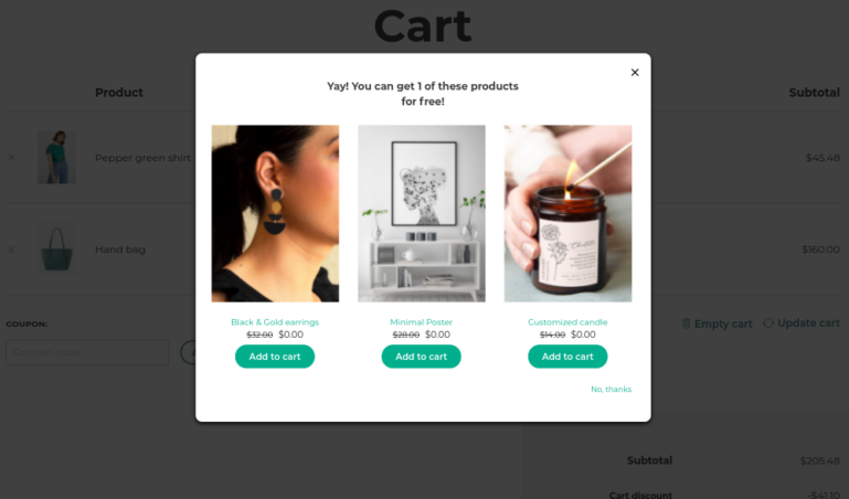 Discount offer cart popup