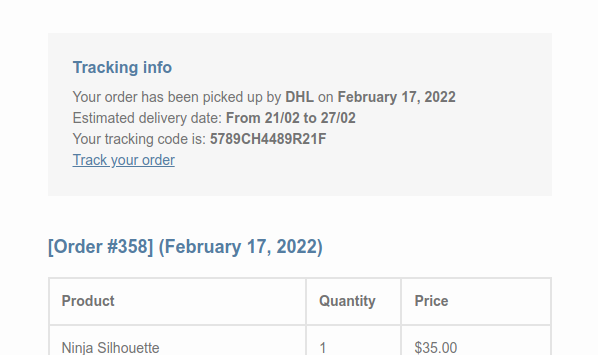 Tracking info in completed order emails
