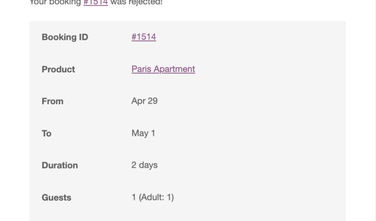 Email - Rejected booking